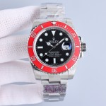 Rolex Submariner series, black dial, red bezel, 41mm, silver Oyster bracelet.